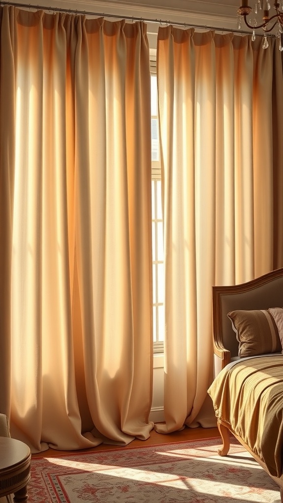Luxe chenille curtains in a bedroom, softly filtering light through a window.