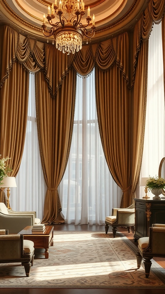 Luxurious silk curtains in a living room setting with elegant decor