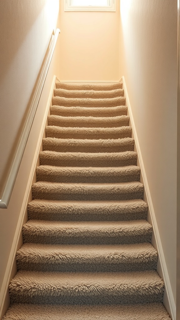 A staircase with luxurious shag carpeting in a soft beige color, illuminated by natural light.