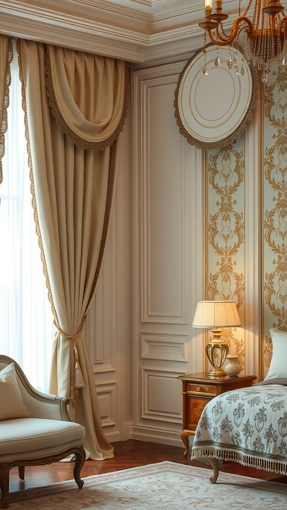 Luxurious beige embroidered curtains in an elegant bedroom setting