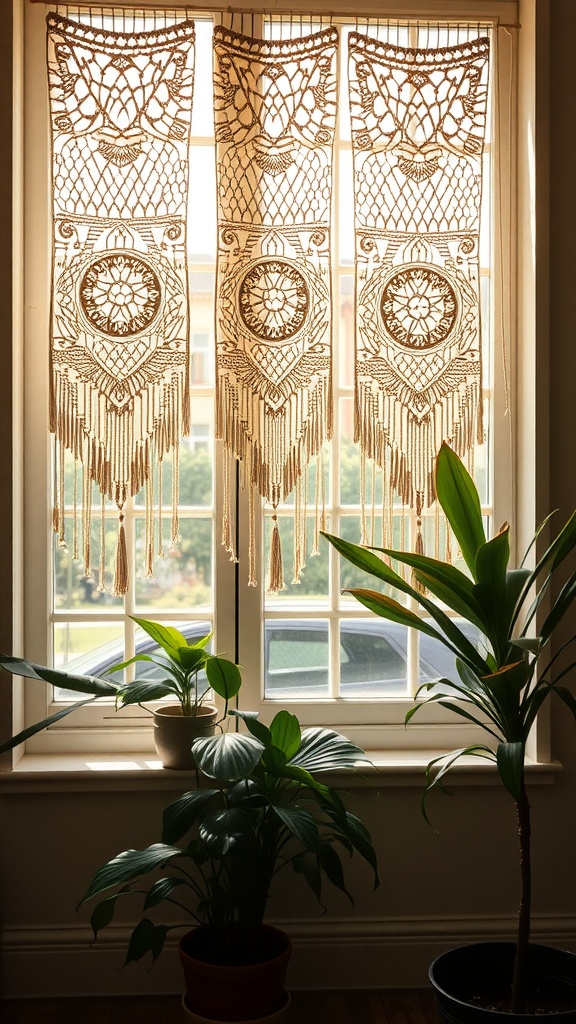 Macrame window hangings with intricate designs hanging over a window, surrounded by houseplants
