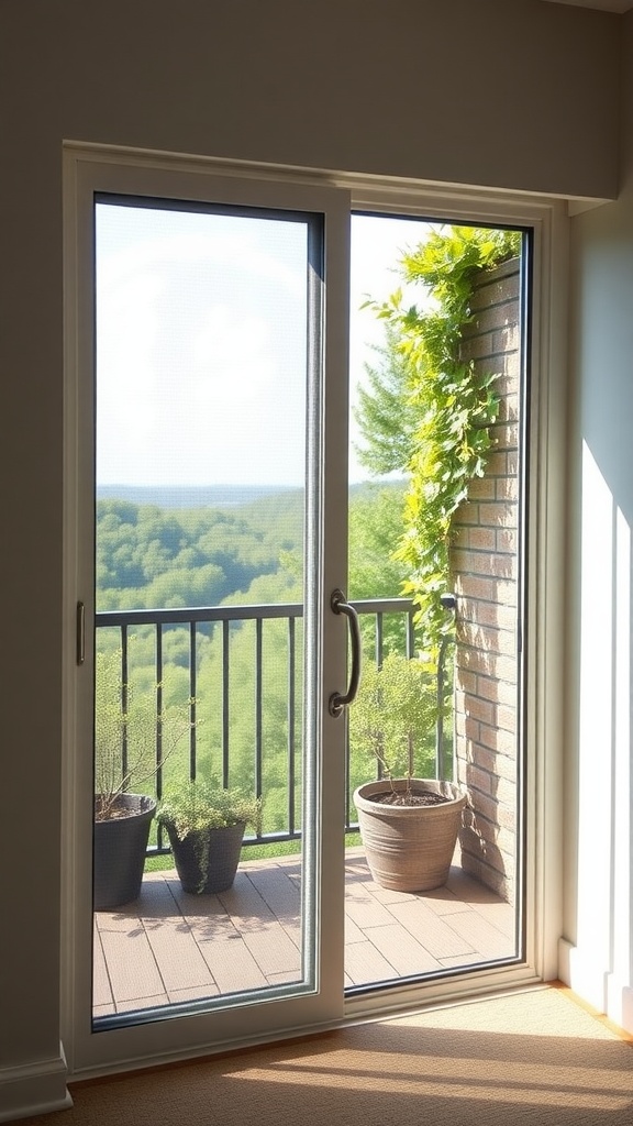 Sliding glass door with a magnetic screen and plants on the balcony