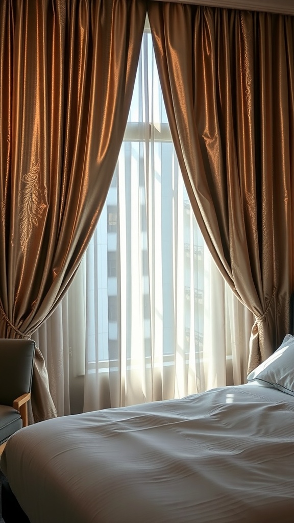 Luxurious metallic sheen drapes in a bedroom setting, complementing a neatly made bed