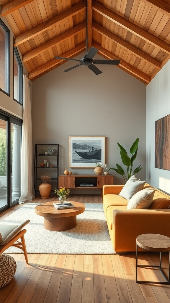 A mid-century modern living room with wooden ceiling, grey sofa, orange accent table, and indoor plants.