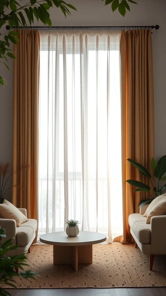 Bright living room with bamboo curtains, showcasing a cozy seating area and plants.