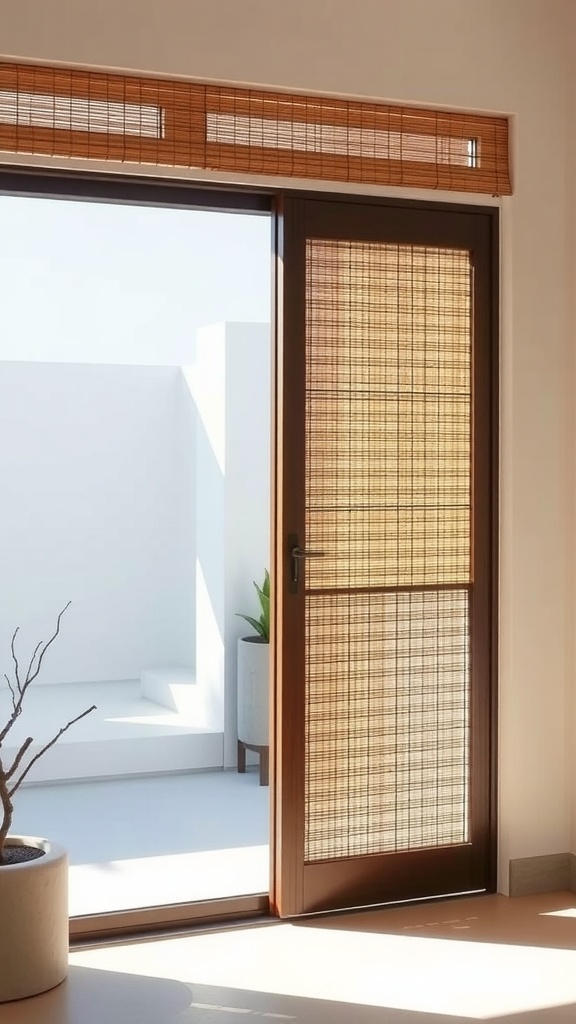 Minimalist bamboo shades covering a patio door, with potted plants nearby