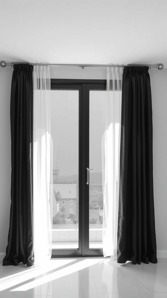 Minimalist black and white curtains on a sliding glass door