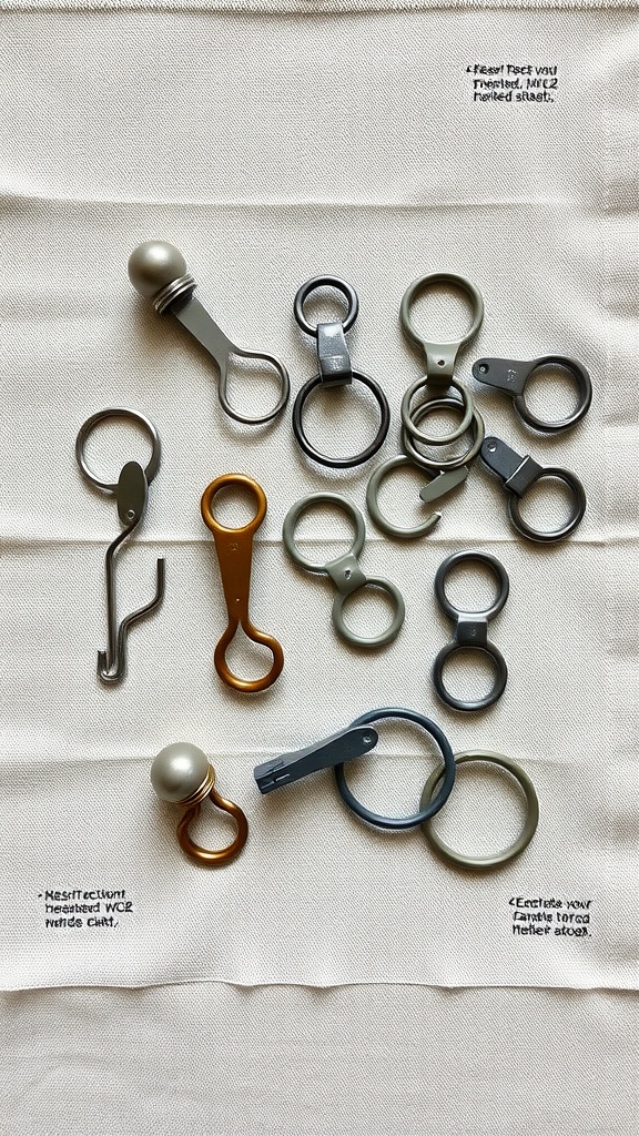 A variety of curtain hooks and rings displayed on fabric, showcasing different styles and colors.