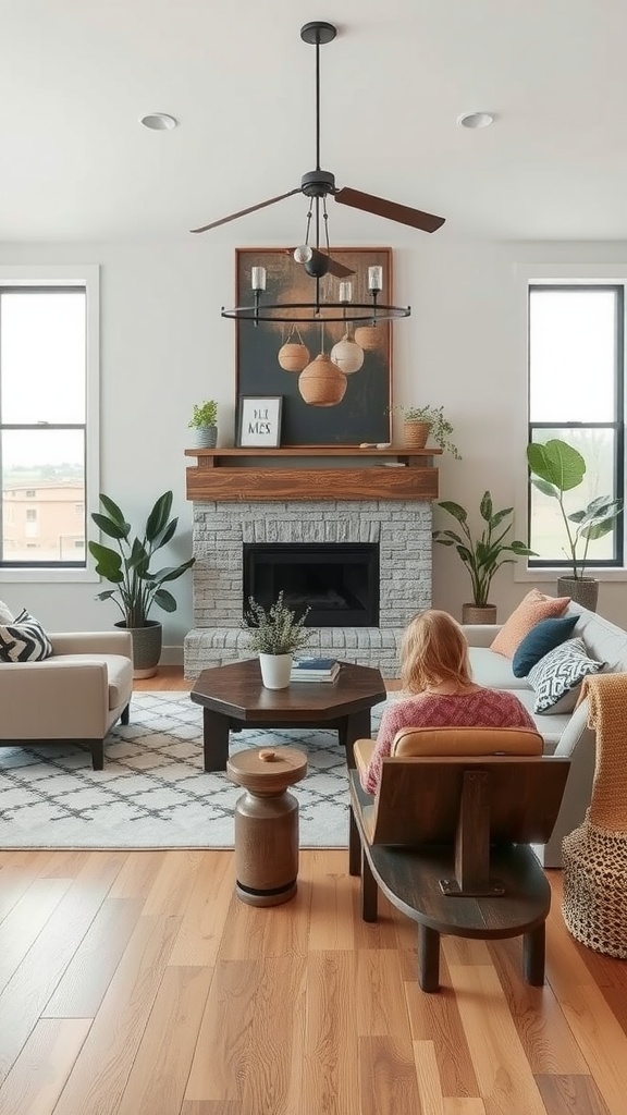 A cozy living room featuring a stone fireplace, wooden furniture, and plants, blending modern and rustic styles.