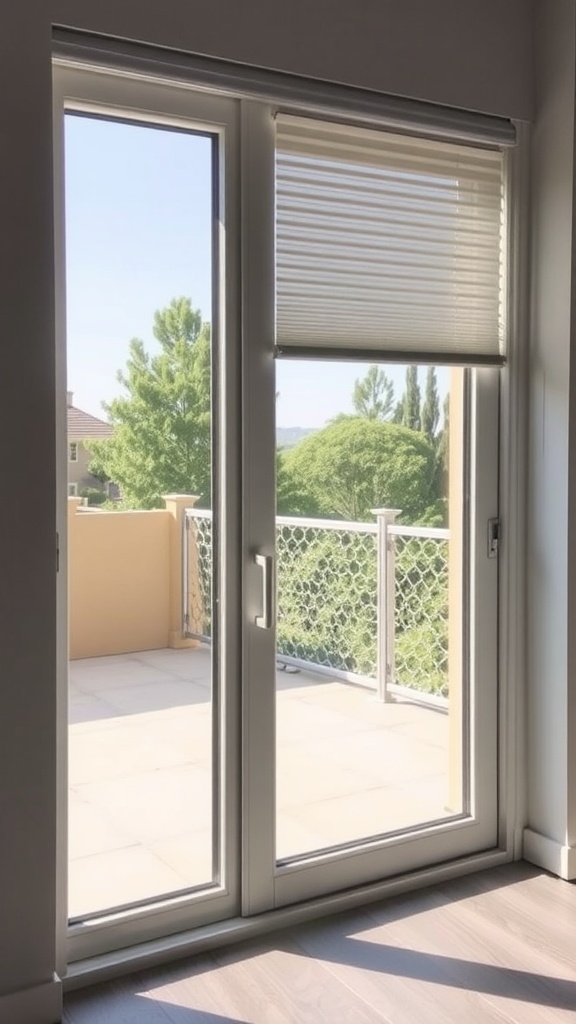 Modern minimalist blinds covering patio door with a view of greenery outside.