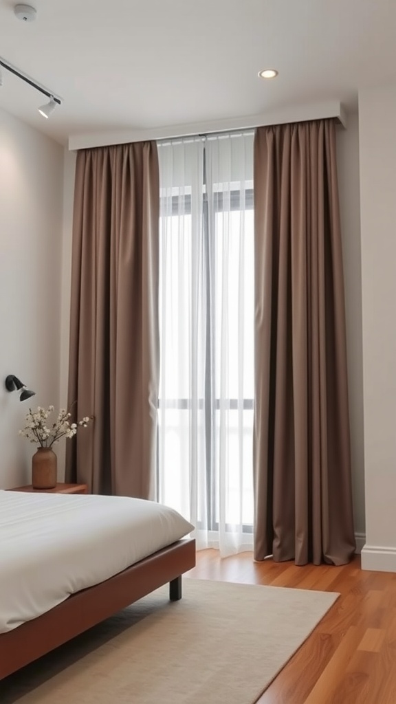 A modern bedroom with minimalist curtains in neutral tones, featuring a cozy bed and natural light.