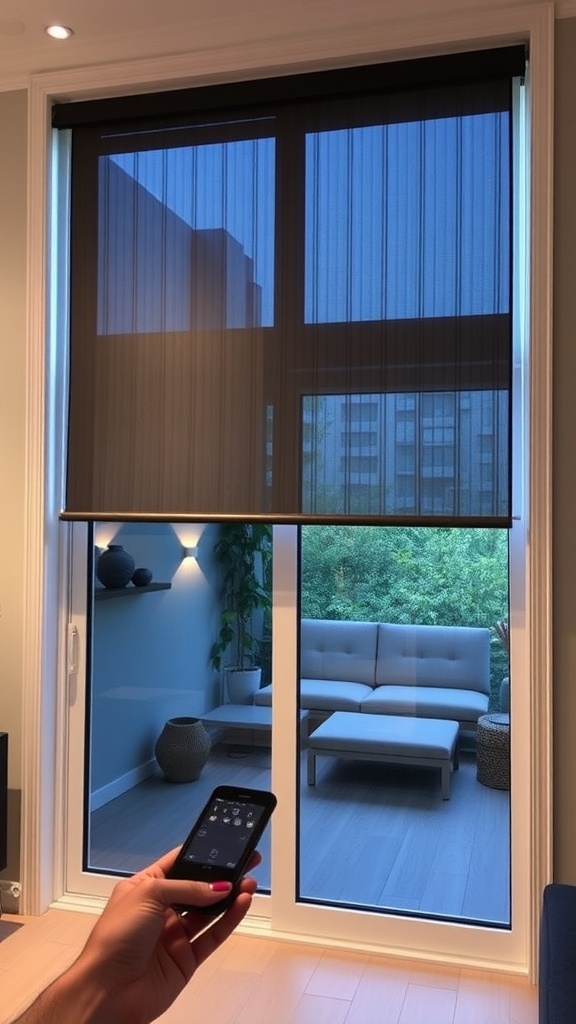 A hand holding a remote control for motorized shades over sliding glass doors.
