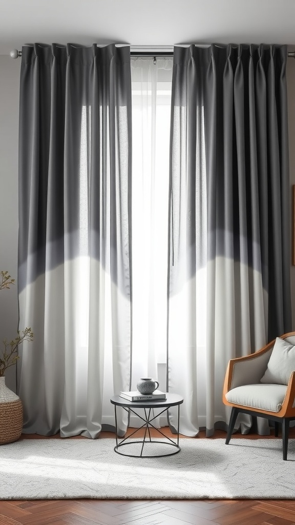 Muted grey ombre curtains hanging in a bright room with a small table and a chair