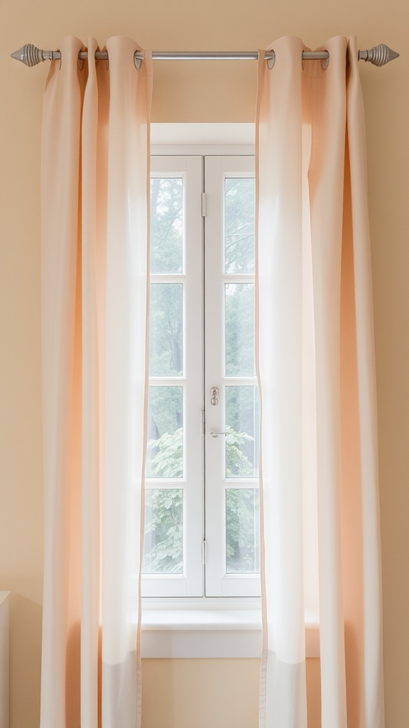 Soft peach curtains hanging beside a window with beige walls behind.