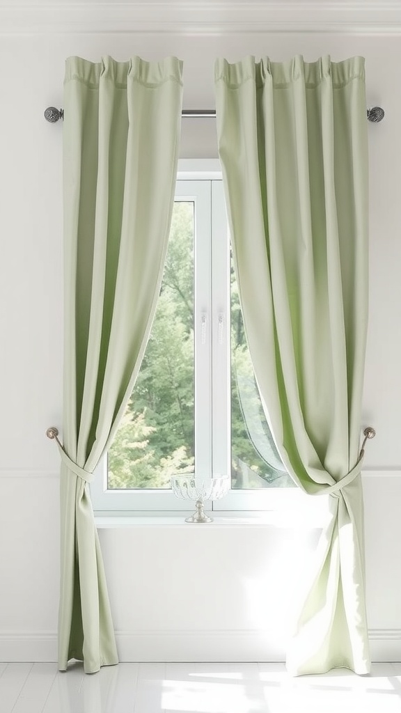 Muted sage green curtains hanging by a window with a view of trees outside