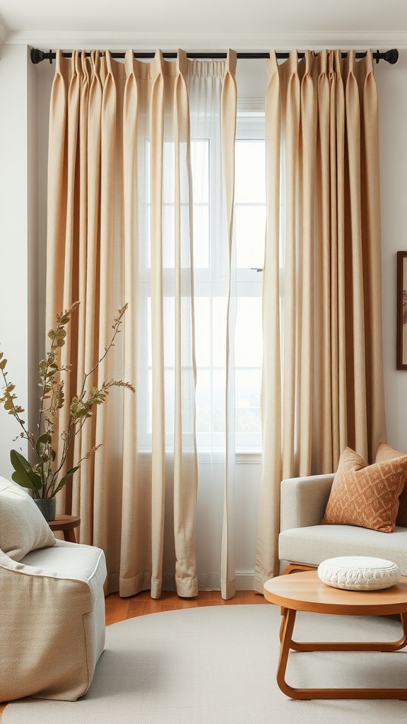 Natural cotton curtains in a living room with a cozy sofa and coffee table