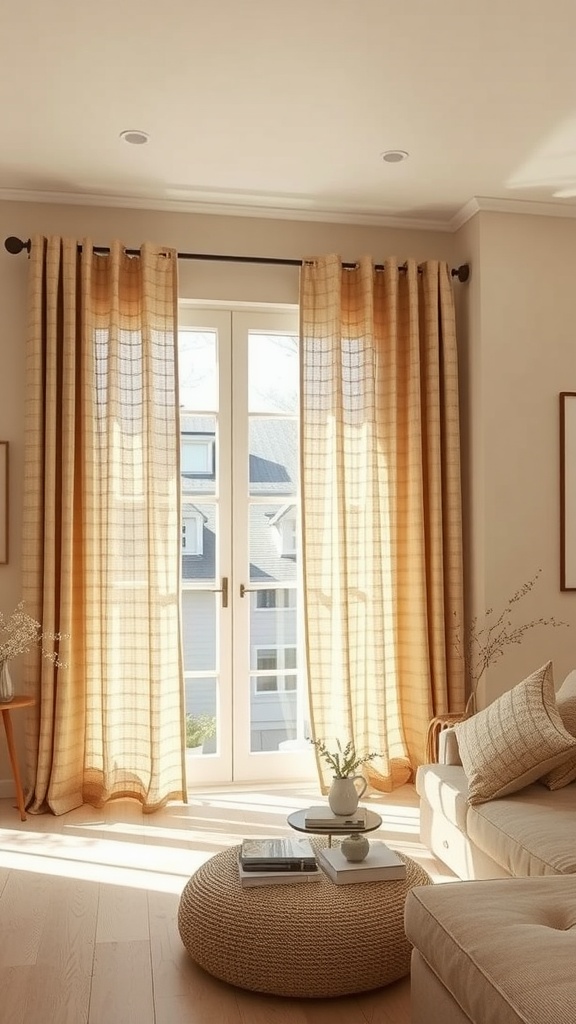 A cozy living room featuring sheer natural fiber curtains that softly filter sunlight, enhancing the beige walls.