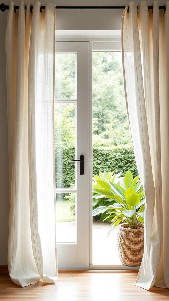 Natural linen drapes hanging on a patio door with greenery outside.