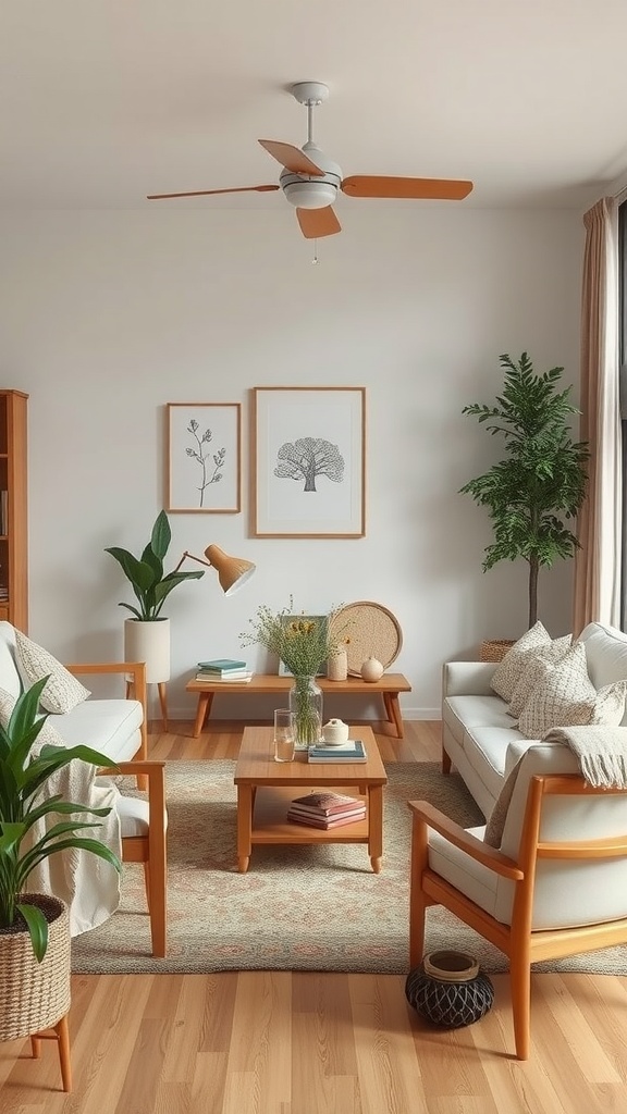 A cozy living room with natural wood furniture and greenery