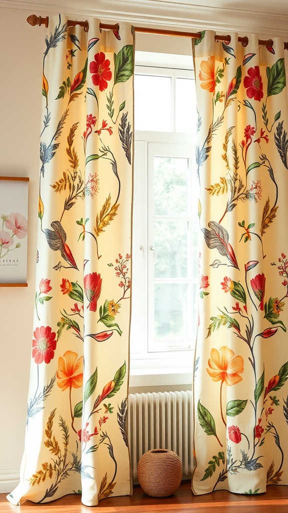 A pair of curtains with colorful floral prints hanging by a window.