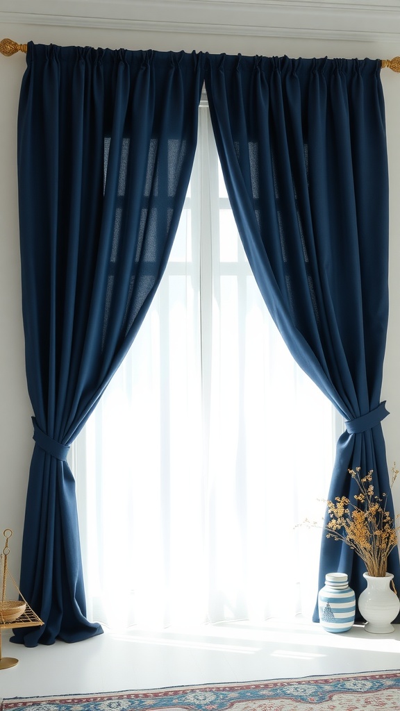 Navy blue cotton drapes hanging elegantly over a window with white light filtering through.