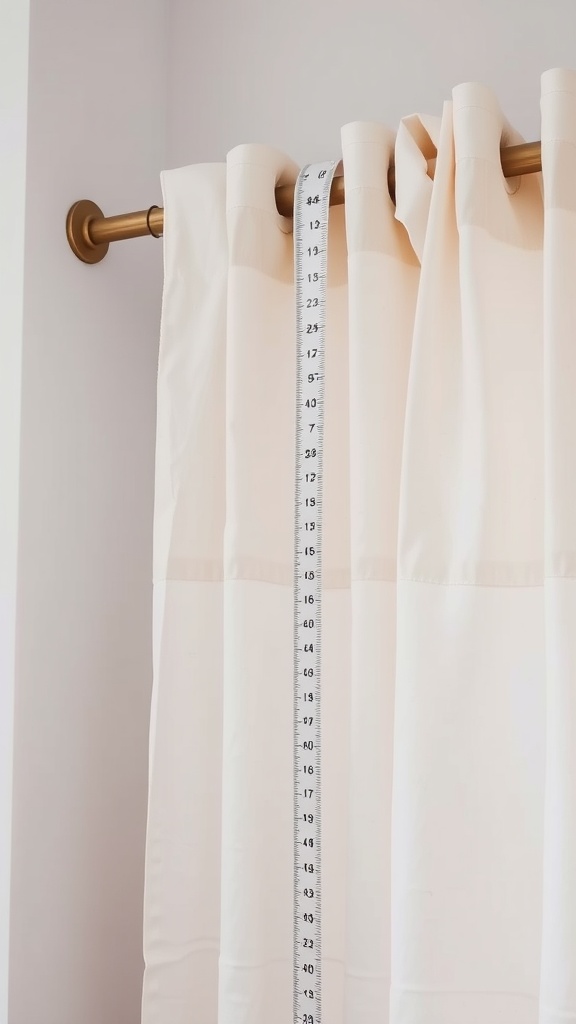 A measuring tape next to light-colored curtains on a rod, emphasizing fabric weight considerations.