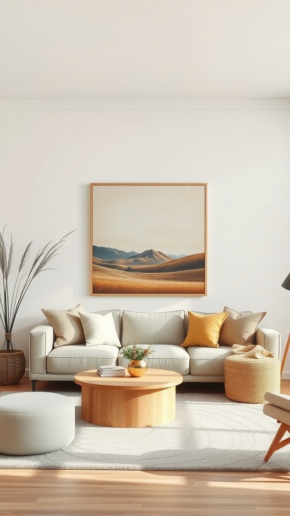 A neutral living room with a light sofa, wooden coffee table, and landscape wall art.