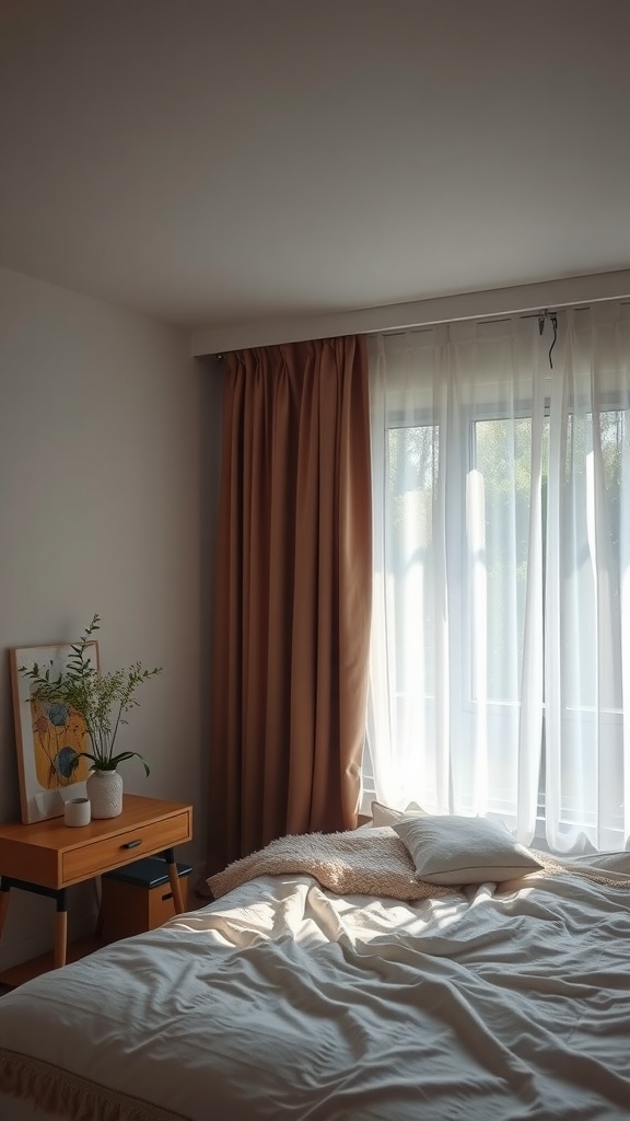 A cozy bedroom featuring noise-reducing curtains in warm tones, with a bed and a nightstand.