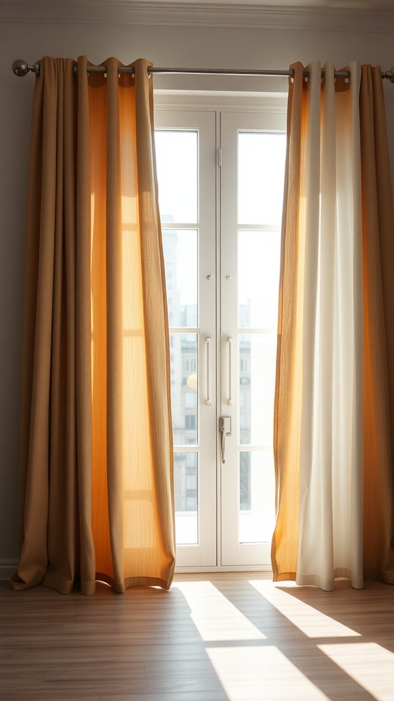 Curtains in warm colors hung by a window, showcasing a sheer curtain and a thicker fabric curtain, illustrating light control options.