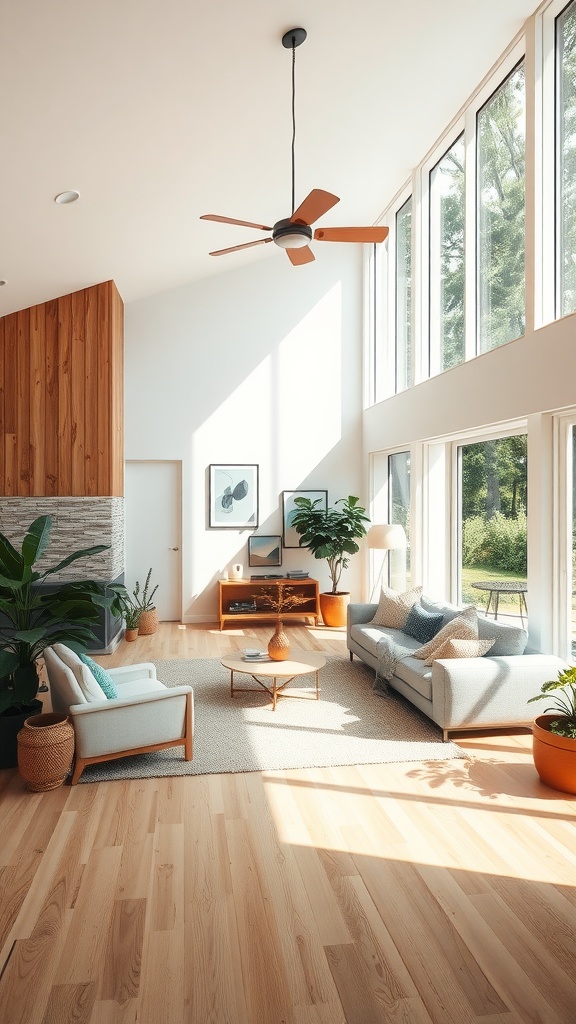 Bright and airy open concept living room with large windows, plants, and cozy furnishings.