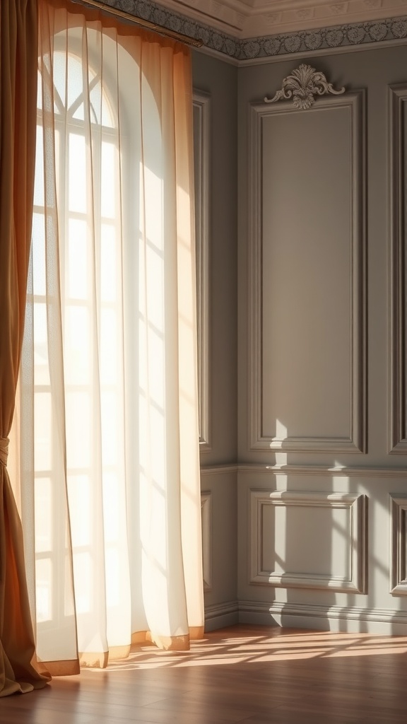 Golden sheer curtain panels draped in a well-lit room with grey walls.
