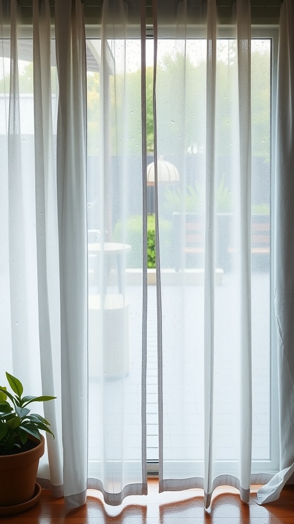 Transparent curtains hanging in front of a patio door, with a view of an outdoor space and plants.