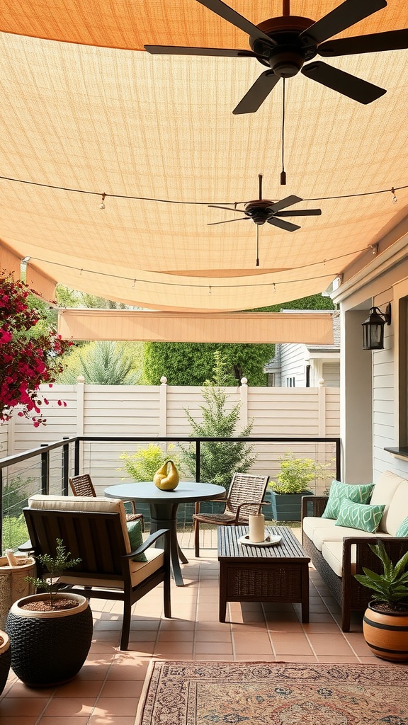 A patio with large outdoor shades, comfortable seating, and plants.