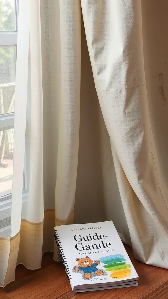 A cozy setting featuring curtains and an open book on a bedside table.