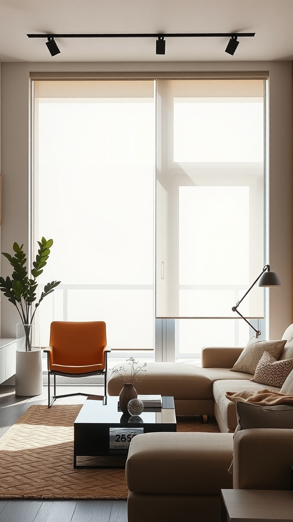 A living room with panel track shades on sliding glass doors, featuring a modern decor and an orange chair.