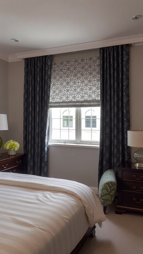 Patterned blackout shades in a modern bedroom