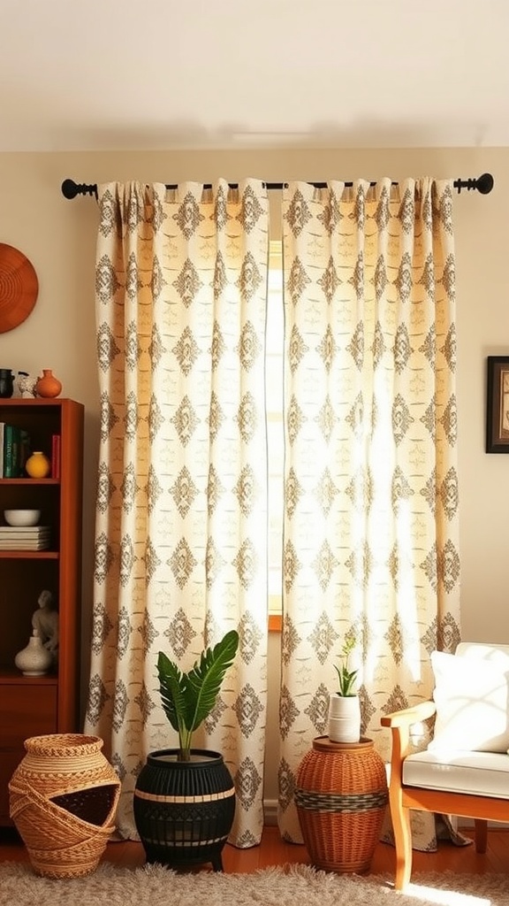 Boho chic patterned curtains hanging by a window with natural decor.