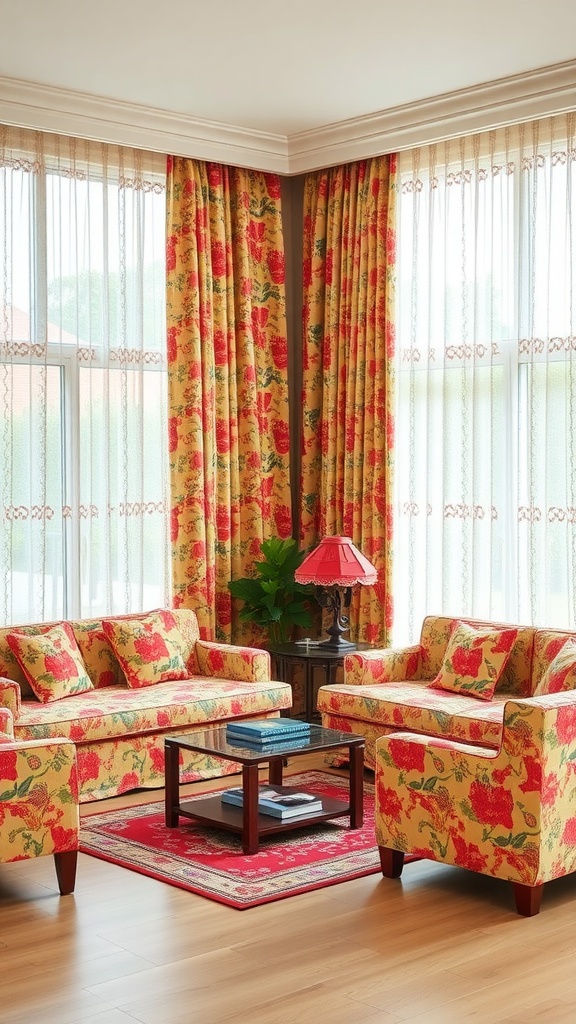 Living room with patterned curtains and matching furniture