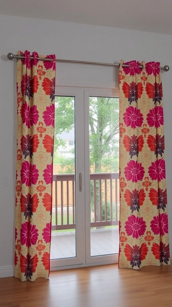 Colorful floral patterned drapes hanging over a sliding glass door
