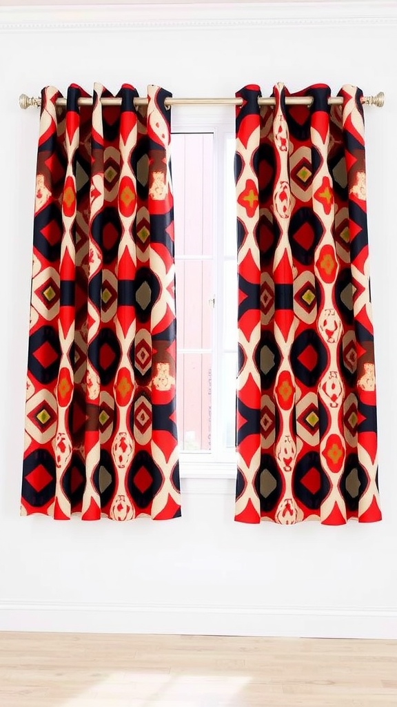Patterned geometric curtains with red, black, and cream colors hanging by a window