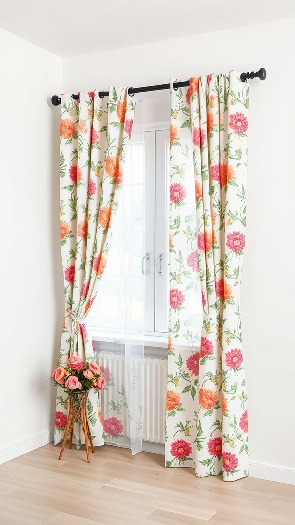 Playful floral print curtains in a room with white walls and a flower vase