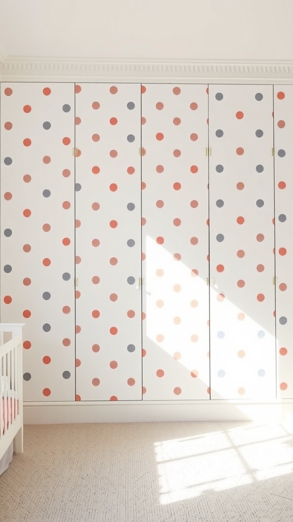 A bright room with polka dot patterns on the cabinet doors, showcasing playful design.