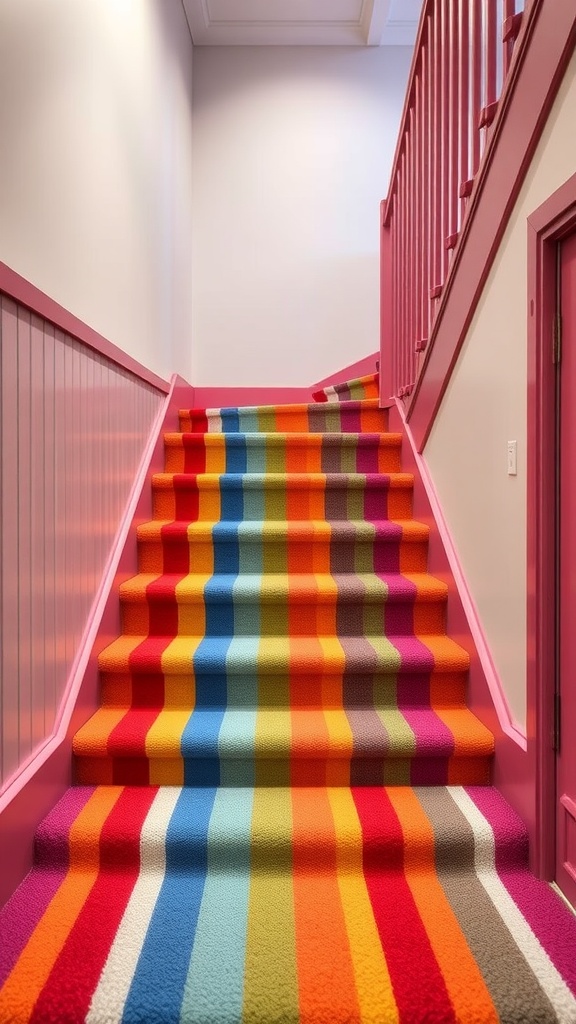 Colorful striped carpet on a staircase with pink railings