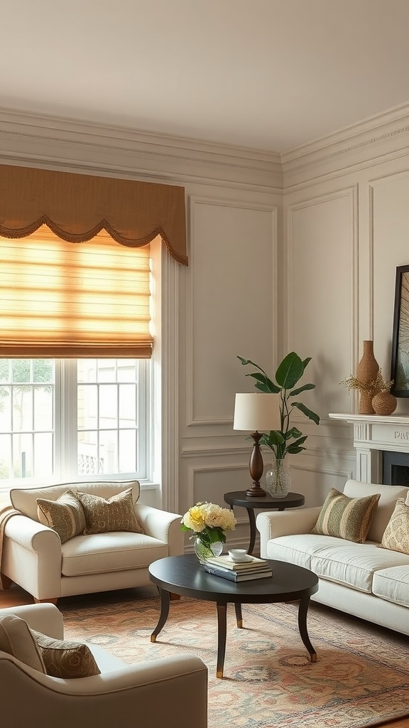 A cozy living room featuring pleated shades, neutral sofas, and a round table.