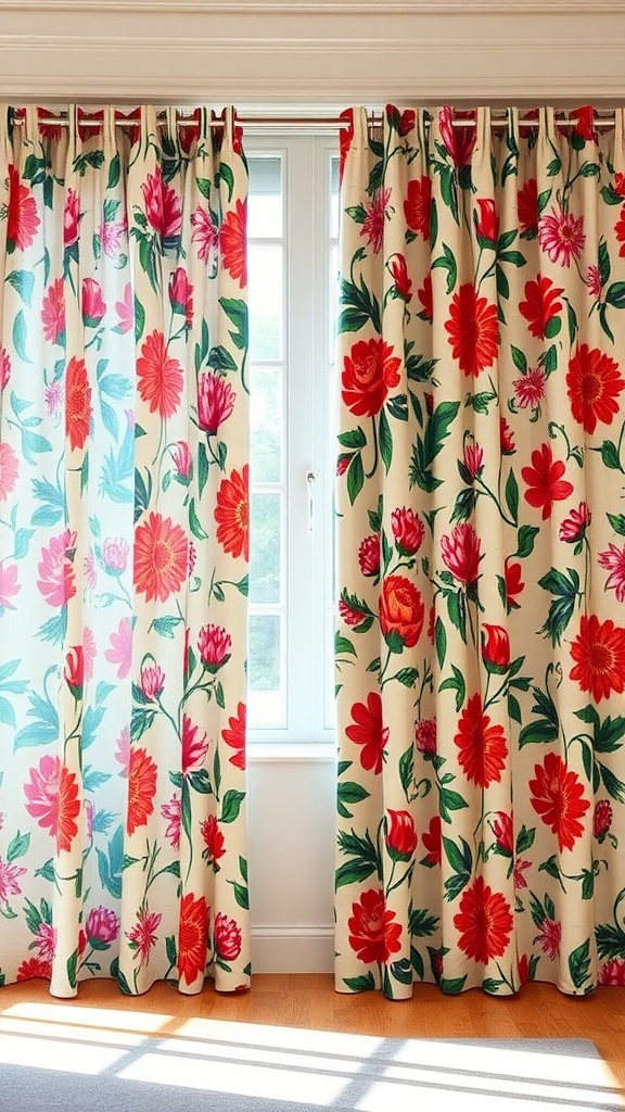 Vibrant floral printed curtain panels in a cozy room