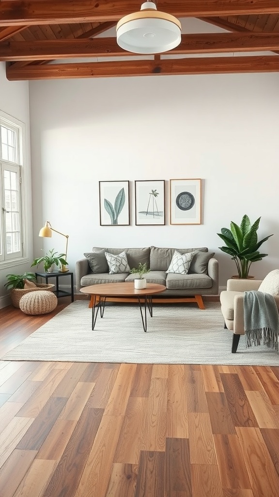 A cozy living room with reclaimed wood flooring, gray sofas, and potted plants.