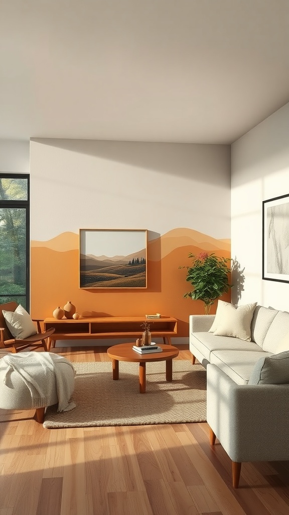 A cozy living room with earthy orange wall colors, light furniture, and natural decor.