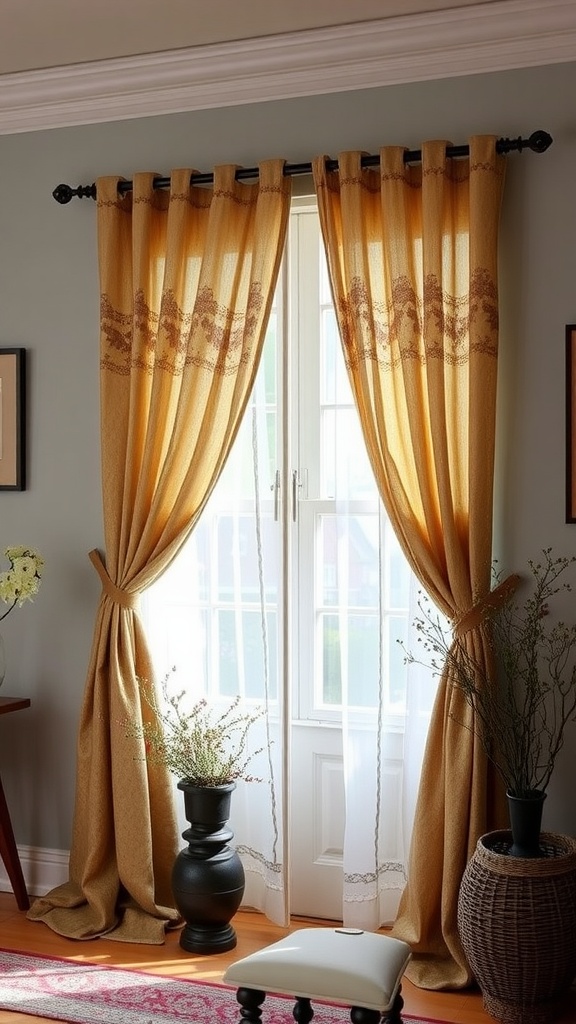 A set of vintage golden curtains gracefully framing a window, complemented by potted plants and a cozy ottoman.