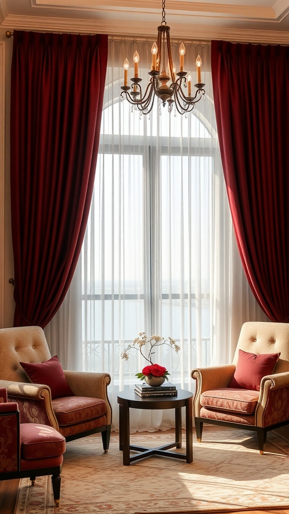 Living room with rich burgundy curtains, beige walls, and elegant furniture