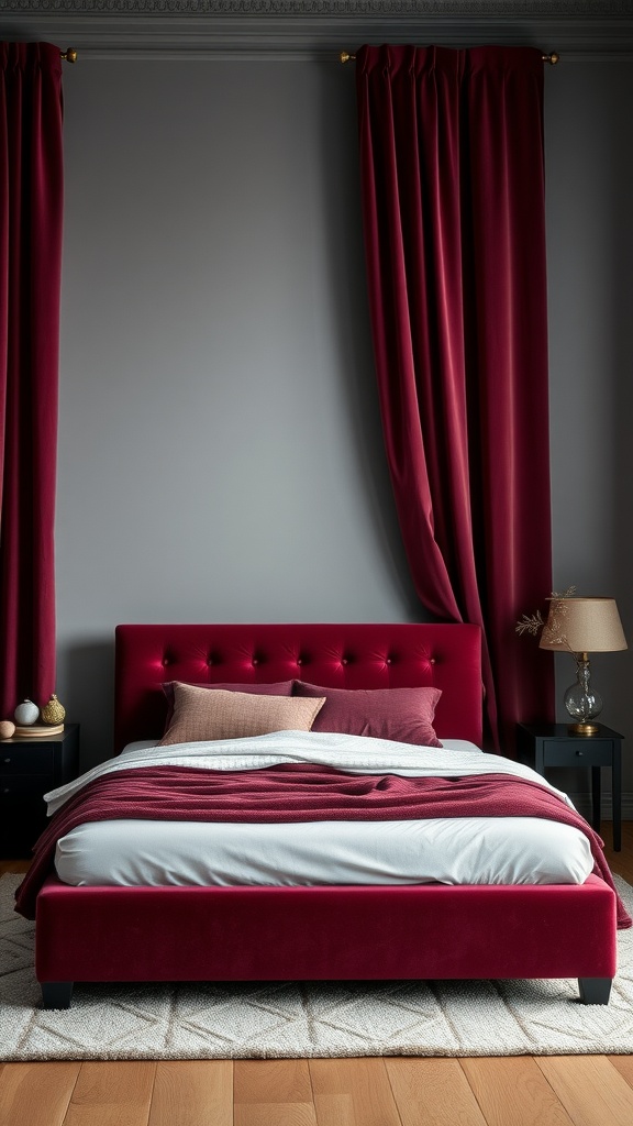 A cozy bedroom featuring rich burgundy velvet curtains on grey walls, with a matching burgundy bed frame.
